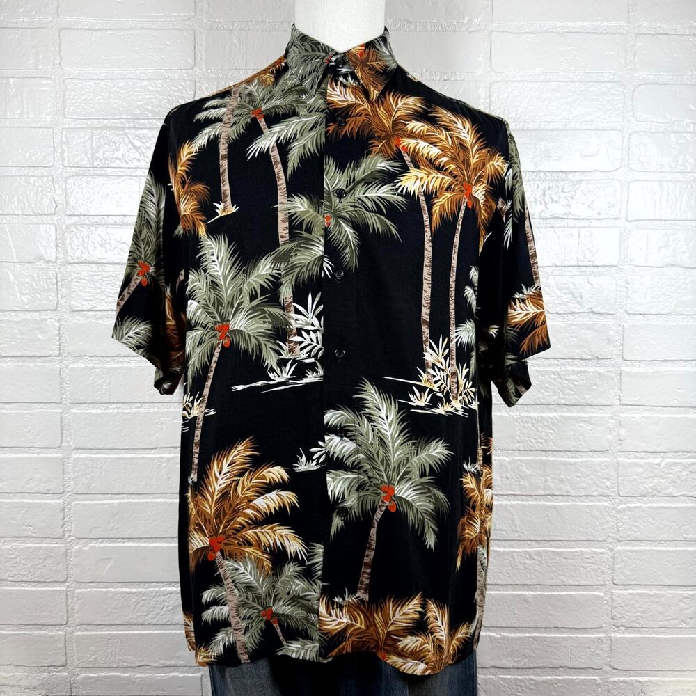 Puritan Hawaiian Shirt Men Large 42/44 Black Palm Tree Short Sleeve Vacation Vtg